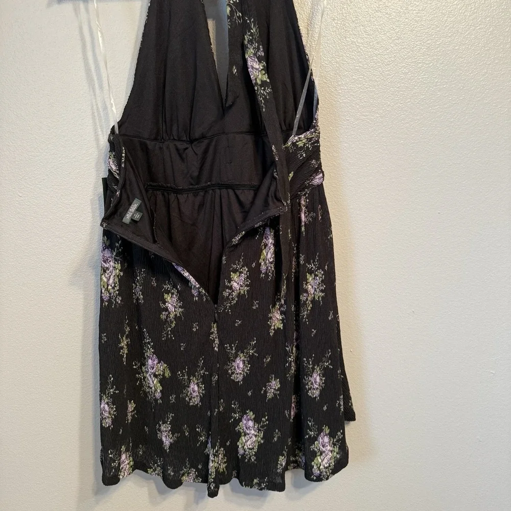 Wild Fable Black Floral Skater Halter Dress Women's Medium Lined Purple Green‎